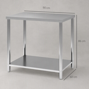 HOMCOM Mesa de Trabajo de Acero Inoxidable con 2 Estantes, Banco de Trabajo Taller Resistente para Cocina, Garaje, Carga 100 kg, 90x60x86 cm, Plata
