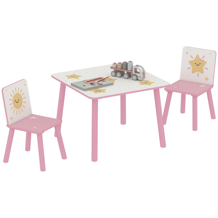 Mesa y Sillas Infantiles de 3 Piezas, Mesa Infantil con 2 Sillas de Madera de Pino, Juego de Muebles con Dibujos de Estrella para niños de +3 Años, para Dormitorio, Sala de Juegos, Rosa