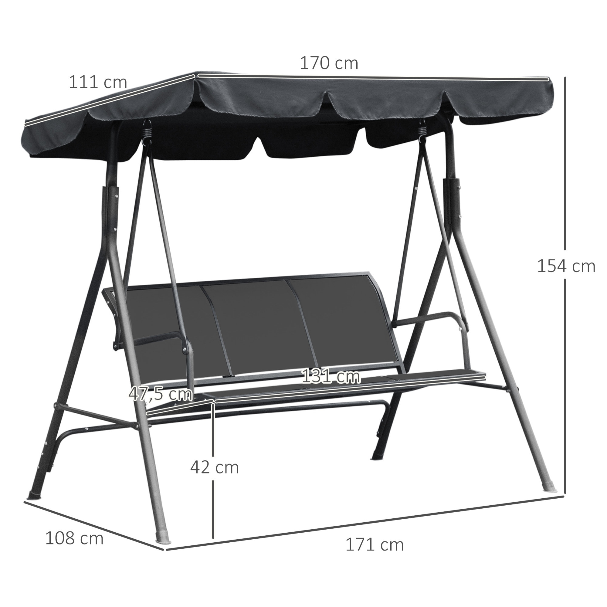 Balancelle de jardin 3 places grand confort toit imperméabilisé inclinaison réglable assise et dossier ergonomique acier textilène gris