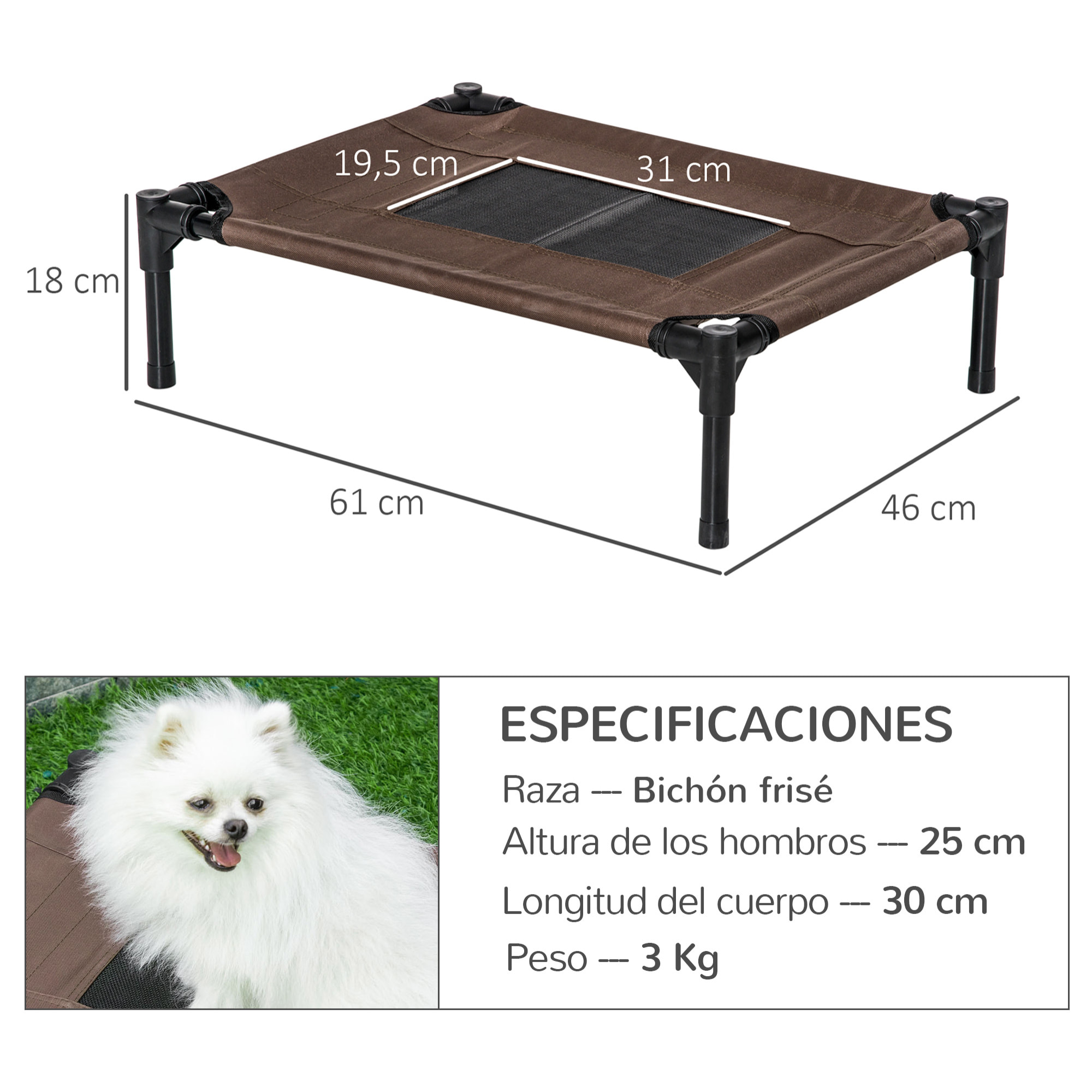 Cama Elevada para Perros Gatos Portátil Cama para Mascotas con Zona de Malla Transpirable y Tela Oxford Marco de Acero para Interior Exterior 61x46x18 cm Marrón