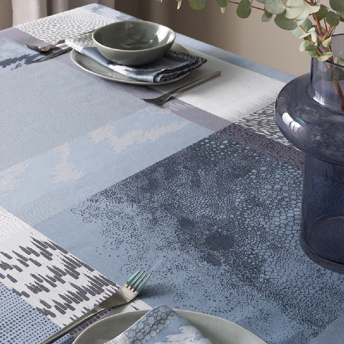 Nappe pur coton motif jacquard bleu gris Mille matieres orage