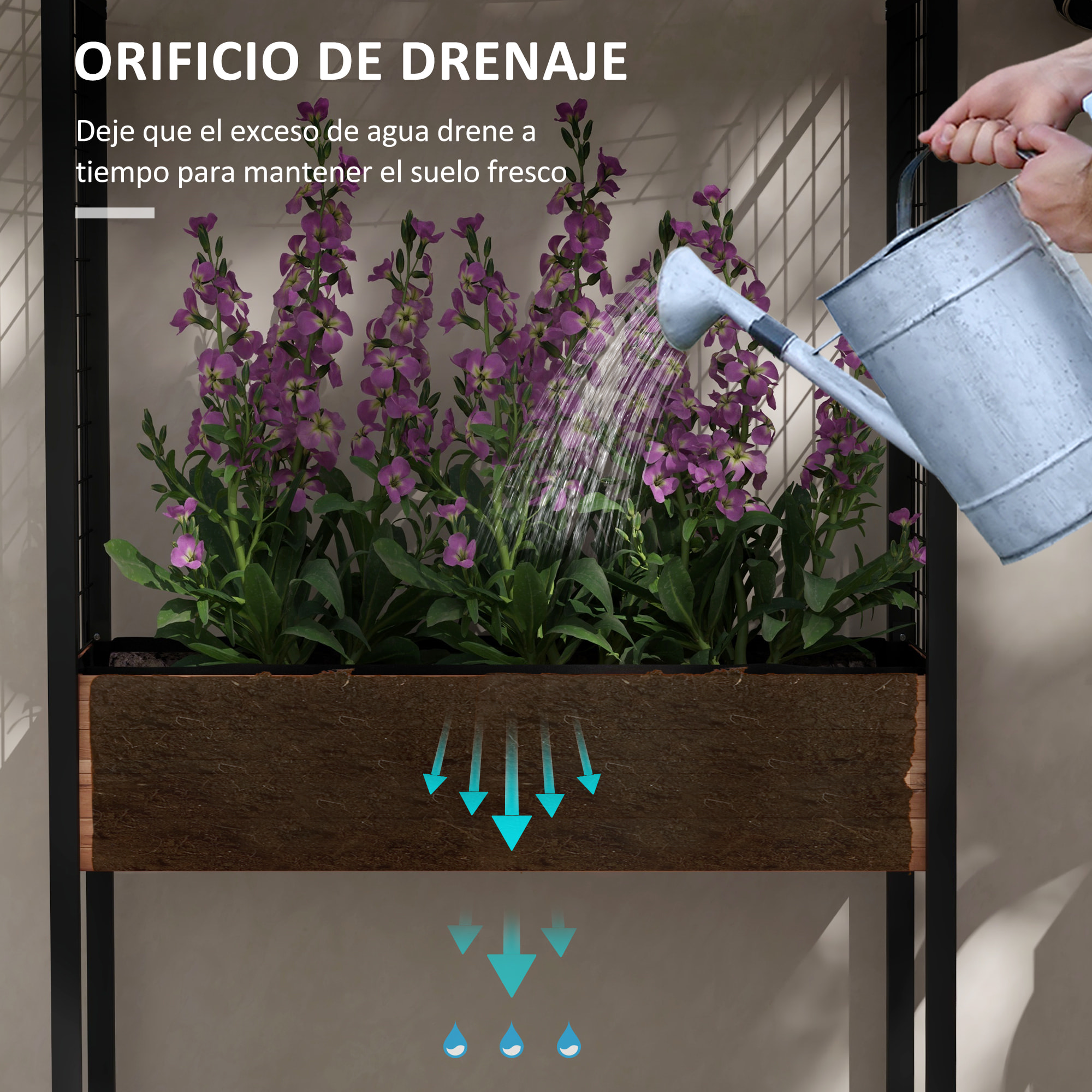 Outsunny Mesa de Cultivo con Ruedas Huerto Urbano Elevado con Enrejado Orificios de Drenaje para Plantas Trepadoras Flores Jardinera de Madera 110x49x190 cm Marrón