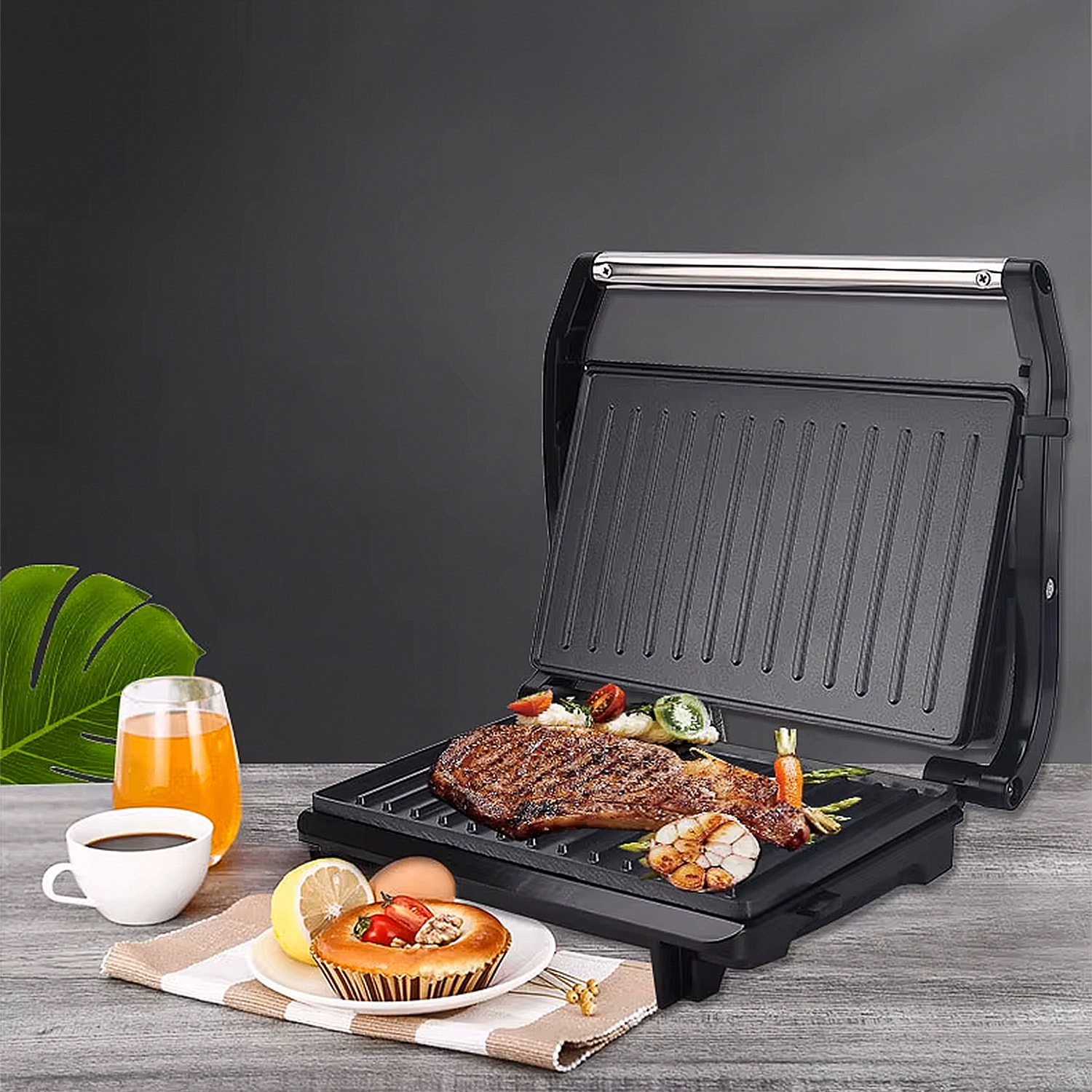 Gril de 1200W. Doble placa de cocción, antiadherente, lavable en lavavajillas.