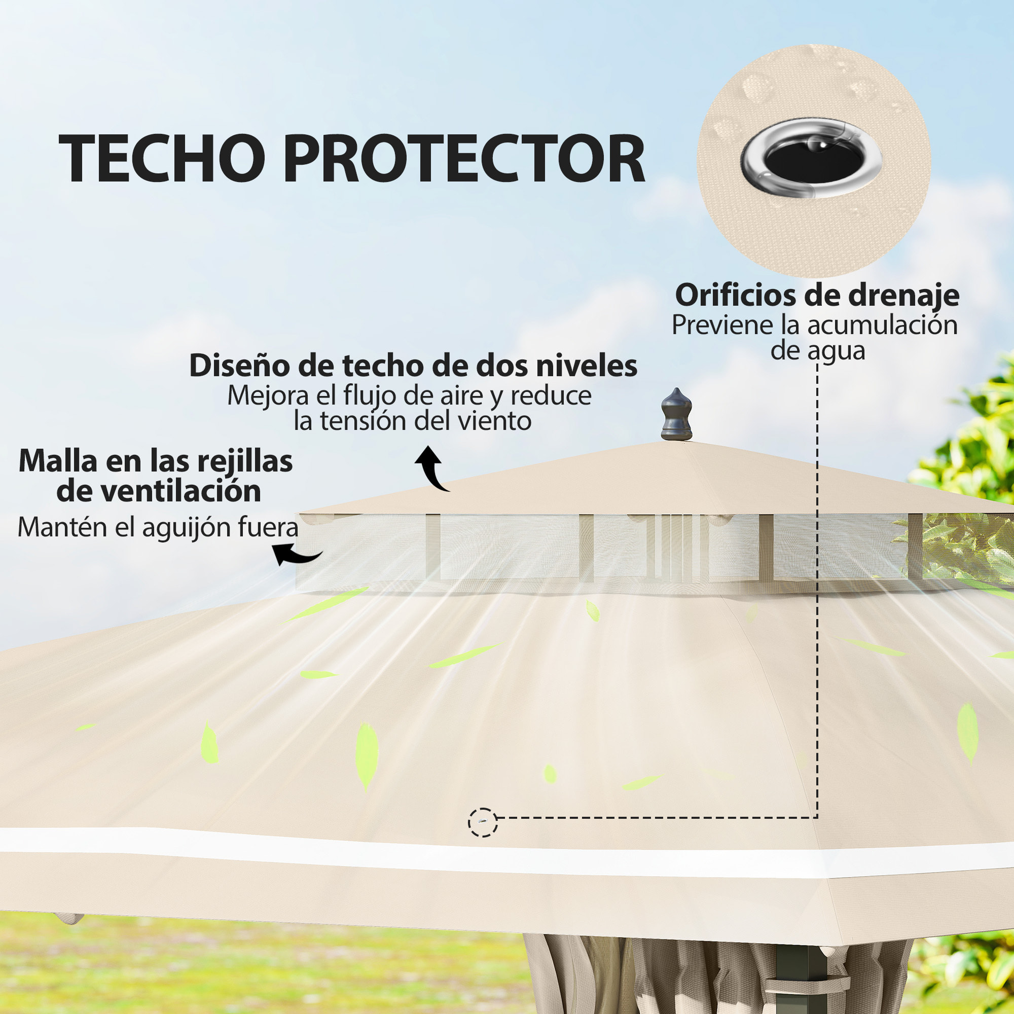 para Jardín 3x3,7 m, Pabellón de Jardín Gazebo con Doble Techo, Paredes Laterales, Mosquiteras, Marco de Metal, Resistente al Agua, Anti-UV, Carpa para Exterior, Terraza, Patio, Beige