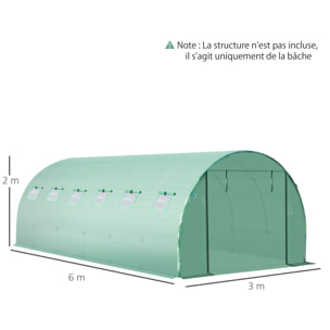 Bâche de rechange serre tunnel 6L x 3l x 2H m PE fenêtres + porte vert