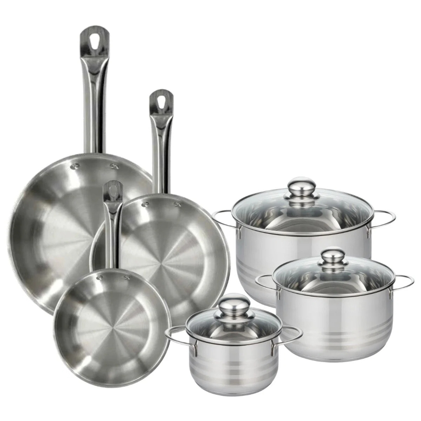 Batterie de cuisine avec 3 poêles 20/24/28 cm et 3 faitouts 16/20/24 cm en inox sans PFAS Fackelmann Eterna Brillant
