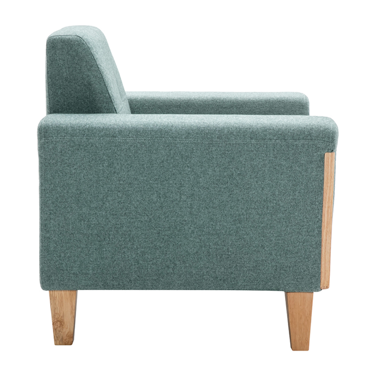 Fauteuil scandinave en tissu vert de gris et bois clair FJORD