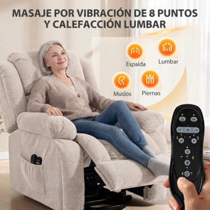 HOMCOM Sillón Relax Reclinable Eléctrico Levanta Personas Mayores con 8 Puntos Masaje Vibratorio y Calor, Sillón Elevador, Asiento Ancho, Puerto USB, Bolsillos, Reposapiés, de Terciopelo, Beige