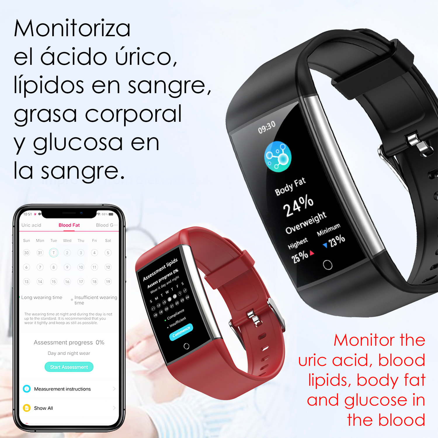 Bracciale intelligente TK76. Terapia della moxibustione magnetica. Monitorare l'acido urico, i lipidi nel sangue, il grasso corporeo, la glicemia.