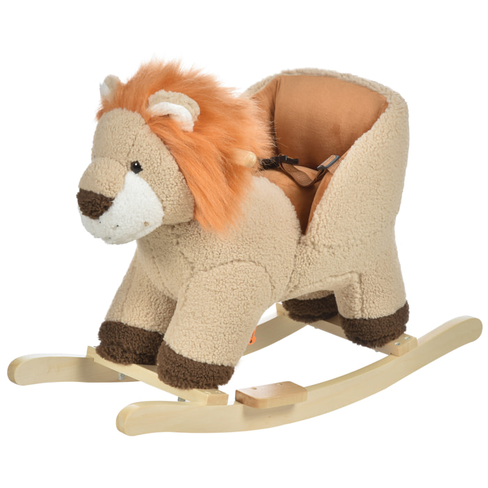 Cheval à bascule modèle lion fonction musicale selle grand confort peluche courte douce bois peuplier marron dim. 68L x 35l x 50H cm