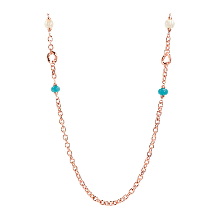 Collana Lunga Catena Rolo con Pietre Naturali Quarziti Rosse e Perle d'Acqua Dolce Bianche Ø 10/11 mm