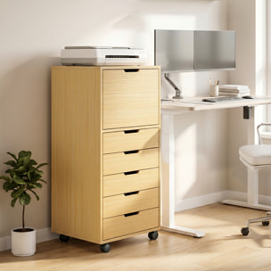 Cajonera Escritorio con 5 Cajones, Cajonera de Oficina con Ruedas y Armario con Cierre Suave, Soporte para Impresora, Mueble Archivador para Oficina en Casa, Natural