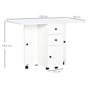 HOMCOM Mesa de Comedor Plegable con Ruedas Alas Abatibles 2 Cajones y Armario Mesa Auxiliar Multifuncional para Estudio Cocina 120x60x76,5 cm Blanco