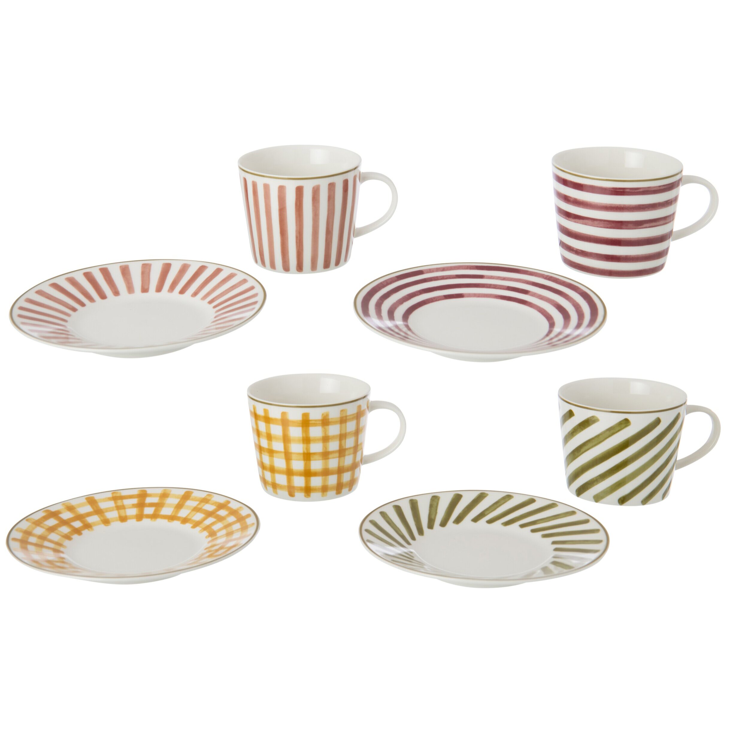J-Line boîte de 4 tasses et sous-tasses - grès - bordeaux/vert olive - large