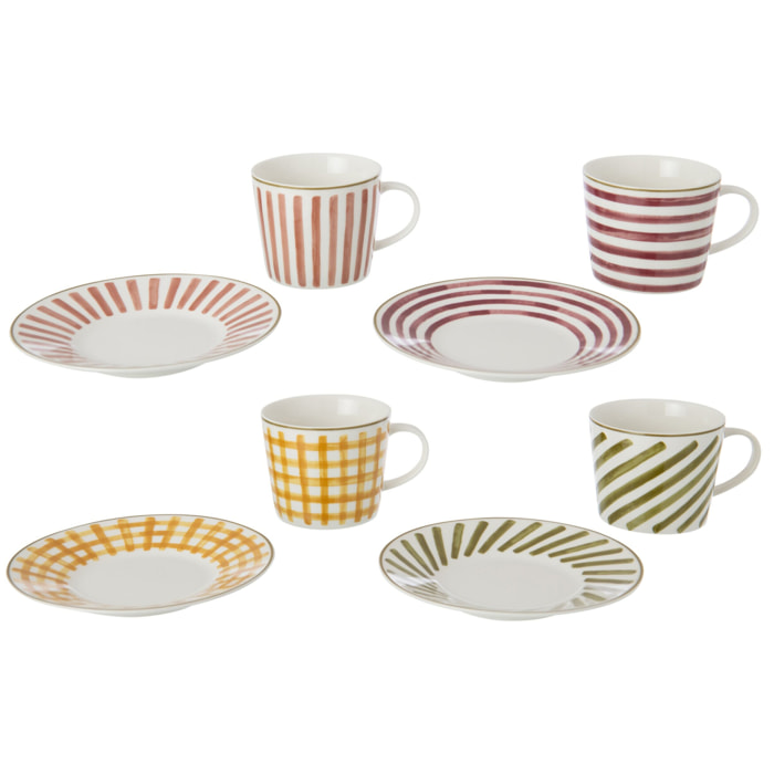 J-Line boîte de 4 tasses et sous-tasses - grès - bordeaux/vert olive - large