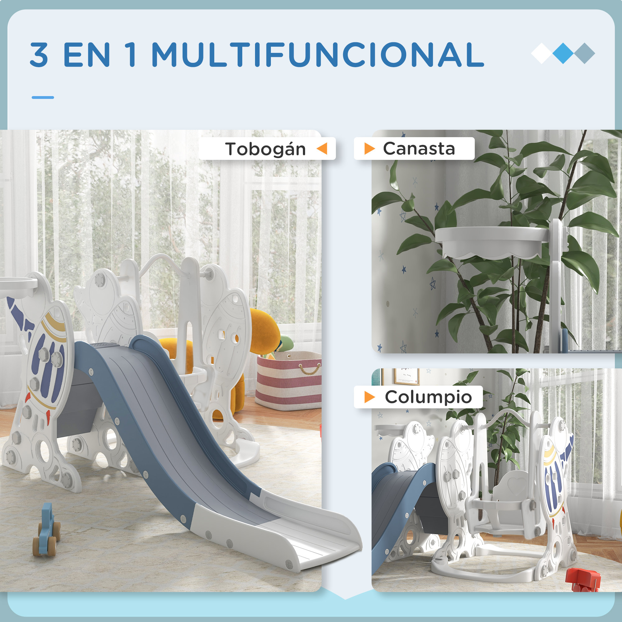 Juego de Tobogán y Columpio para Niños 3 en 1 Columpio para Niños de 18-48 Meses Tobogán para Bebés con Aro de Baloncesto Carga 30 kg 150x185x92 cm Blanco y Azul