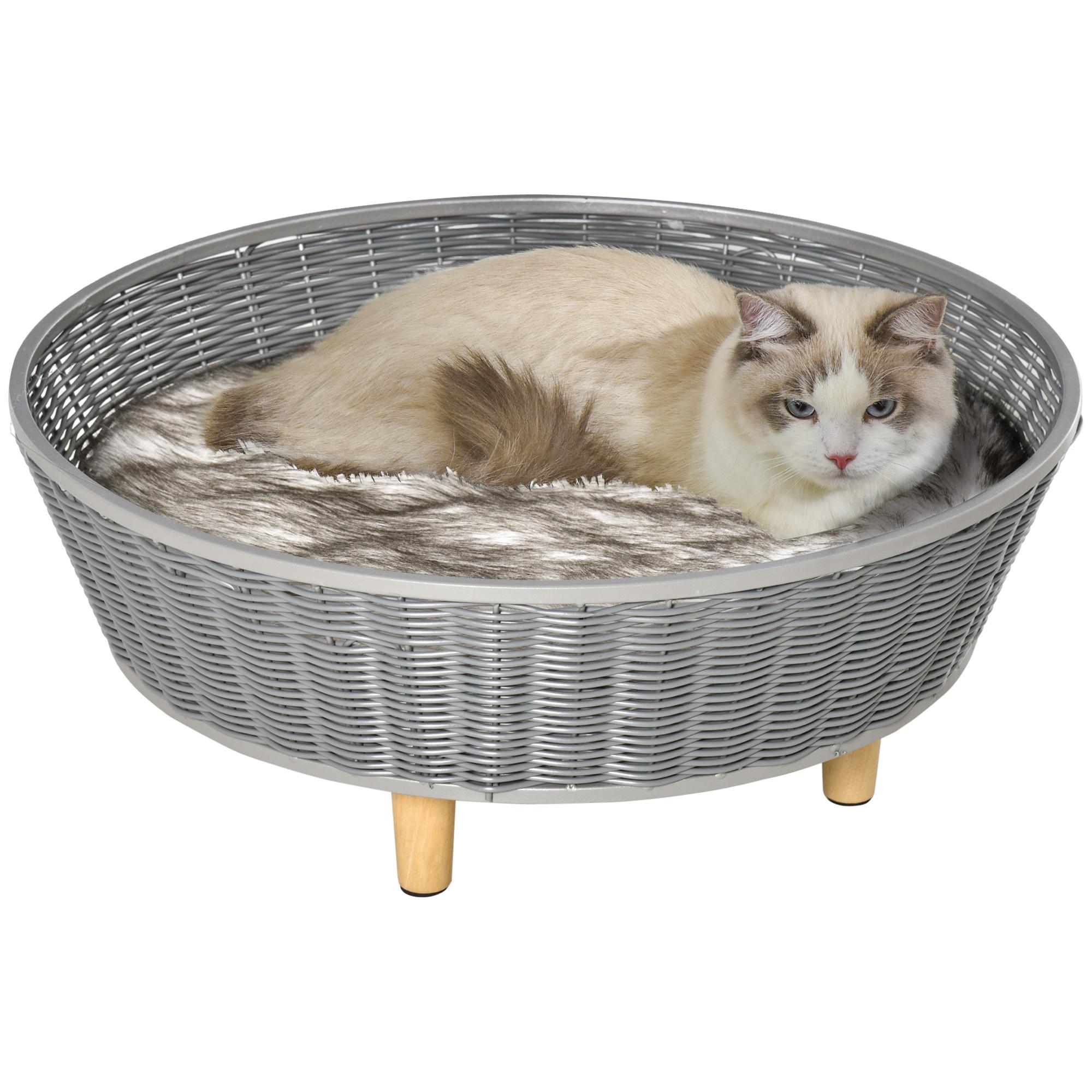 Canapé chien lit pour chien panier chat design scandinave avec coussin aspect fourrure dim. Ø 60 x 23,5H cm pieds bois pin résine tressée gris
