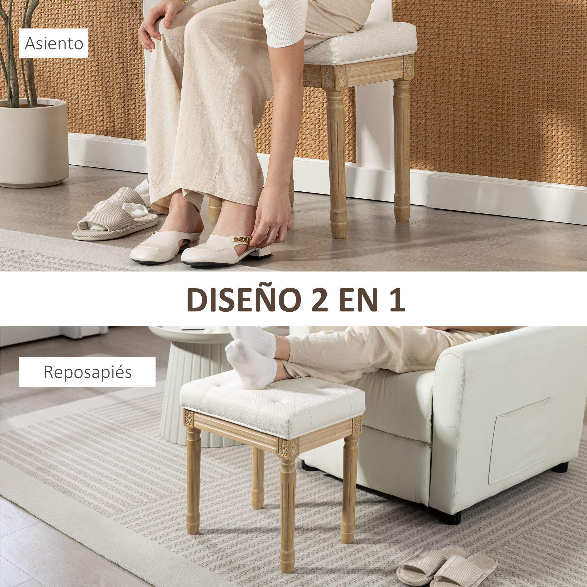 Reposapiés Salón Rústico, Taburete Bajo Tapizado en Lino Sintético con Patas Talladas de Madera, Otomana para Dormitorio, Sofá, Beige