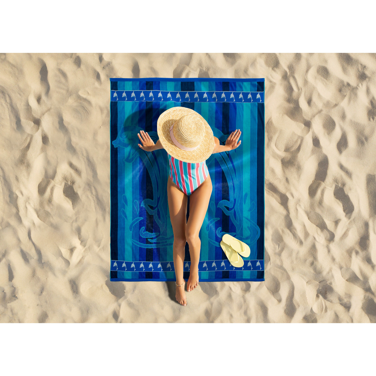 Telo Mare Jumbo Jacquard Disegno Dolphin Stripe Blu