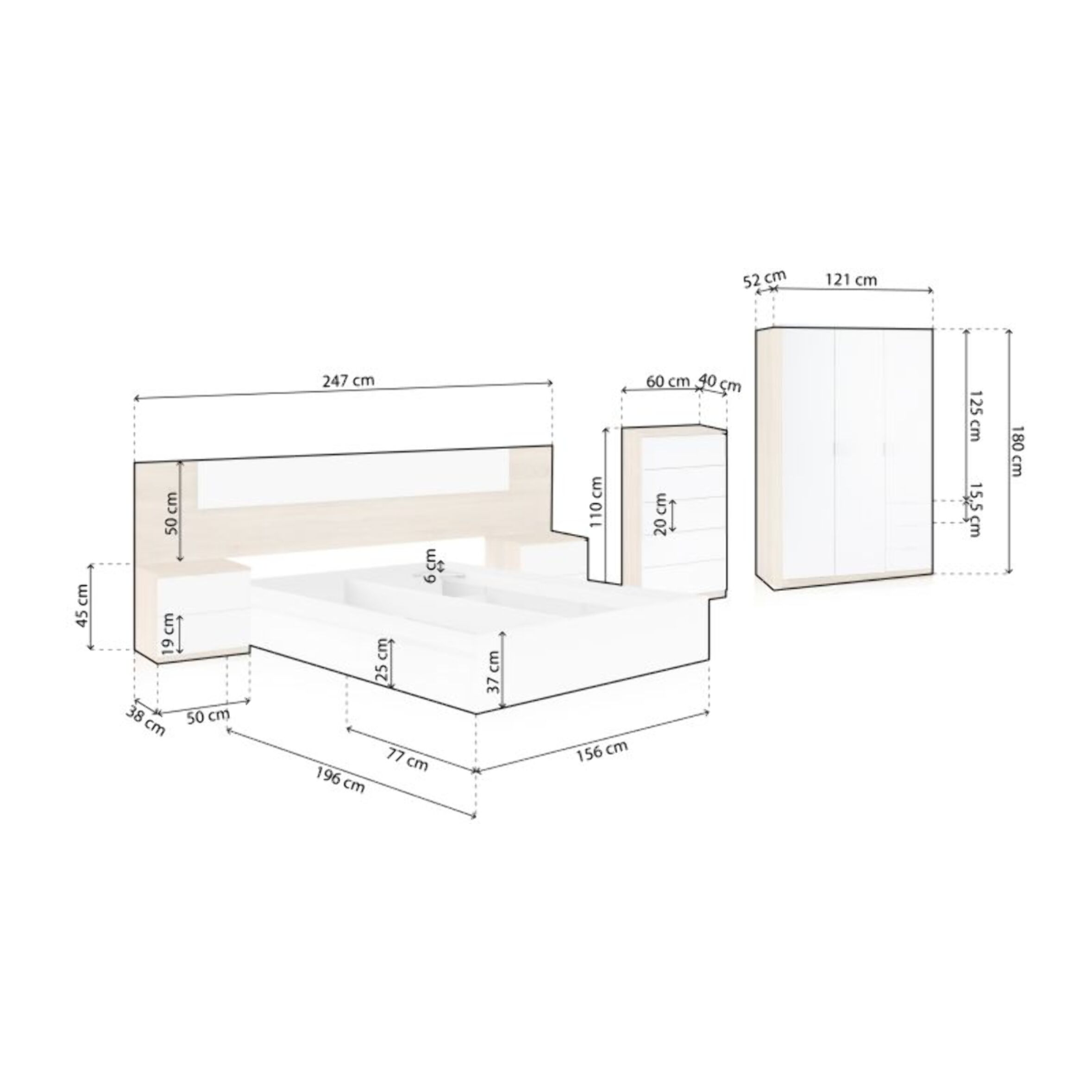 Dormitorio Akari 5C Max Blanco Artik (Blanco Mate) - Roble Canadian