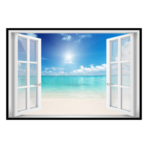 Affiche encadrée fenêtre vue plage tropicale Affiche + cadre en métal - Noir