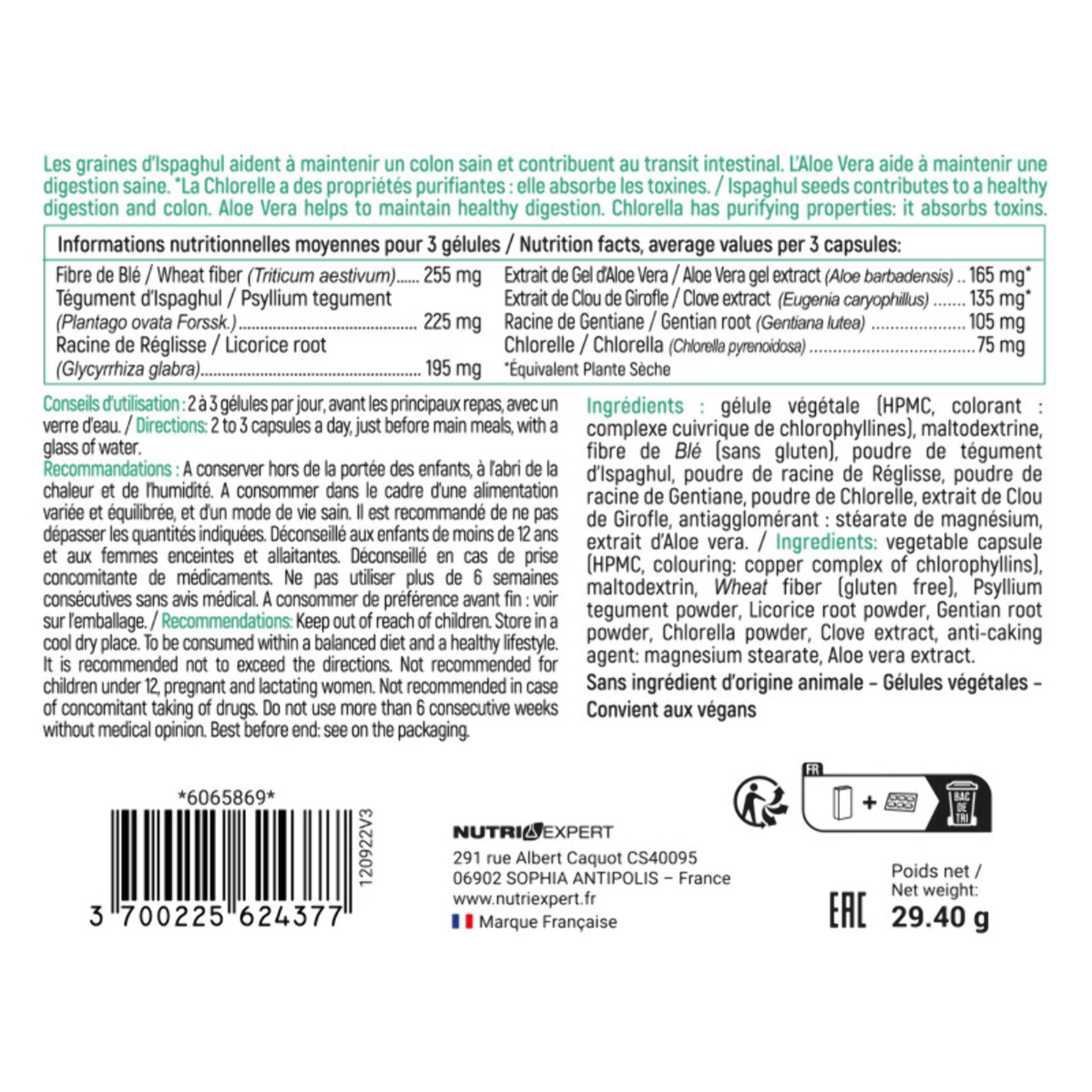 NUTRI EXPERT - Colon Detox - Complément alimentaire à base de plantes - Purifie et détoxifie le côlon - Sans ingrédients d'origine animale - Vegan - Fabriqué en France - Lot de 2 produits
