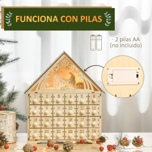 Calendario de Adviento de Madera con Luces Calendario de Navidad con 24 Cajas de Cuenta Regresiva Decoración Navideña para Rellenar 26,6x6x30 cm Natural