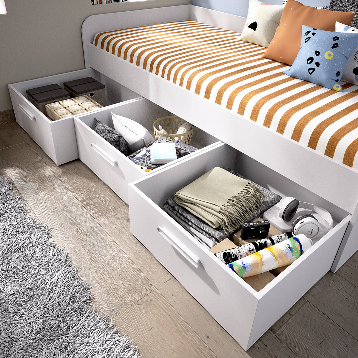 Letto per bambini Adamello, Lettino contenitore per cameretta, Struttura per letto singolo con 3 cassettoni, 194x97h60 cm, Bianco