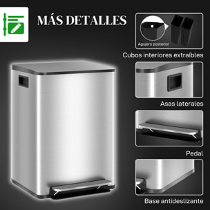 Cubo de Basura de Cocina con 2 Compartimentos 2x20L Papelera de Cocina de Acero Inoxidable con Pedal Tapa de Cierre Suave y Cubo Extraíble para Dormitorio Oficina Salón Plata