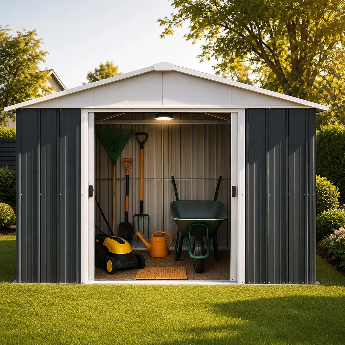 Abri de jardin métal anthracite Yardmaster 6,44m² + kit d'ancrage + lampe magnétique