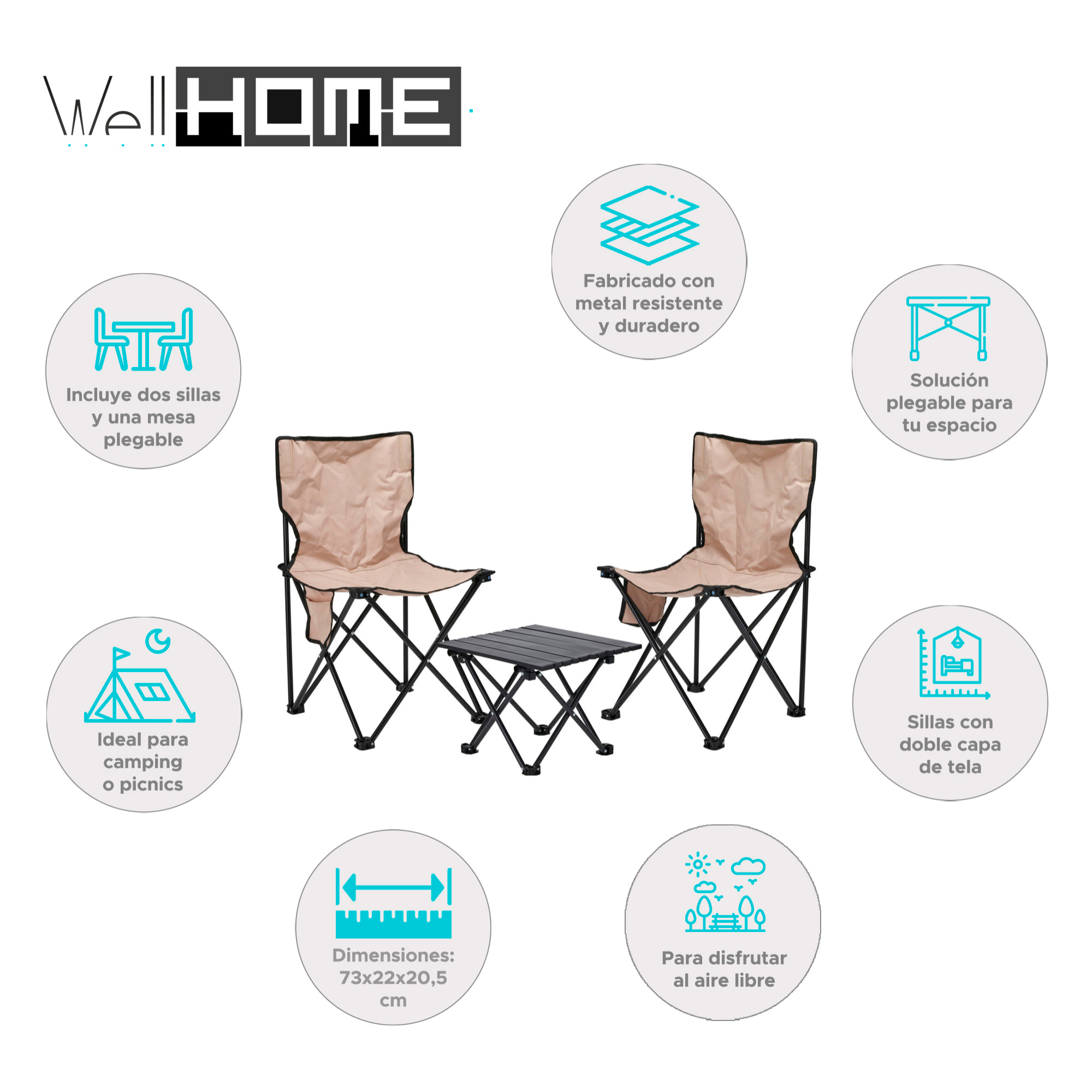 Well home set de camping con 2 sillas y 1 mesa plegable