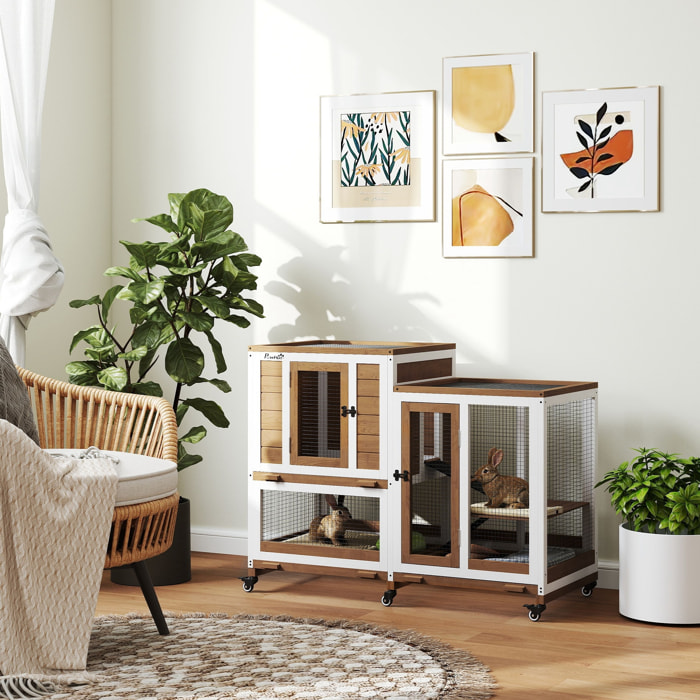 Conejera de Madera de 2 Niveles Jaula para Conejos con 6 Ruedas 2 Escaleras 3 Bandejas Extraíbles Puertas con Cerraduras y Zona Abierta Conejera para Interior 110x50x86 cm Marrón y Blanco