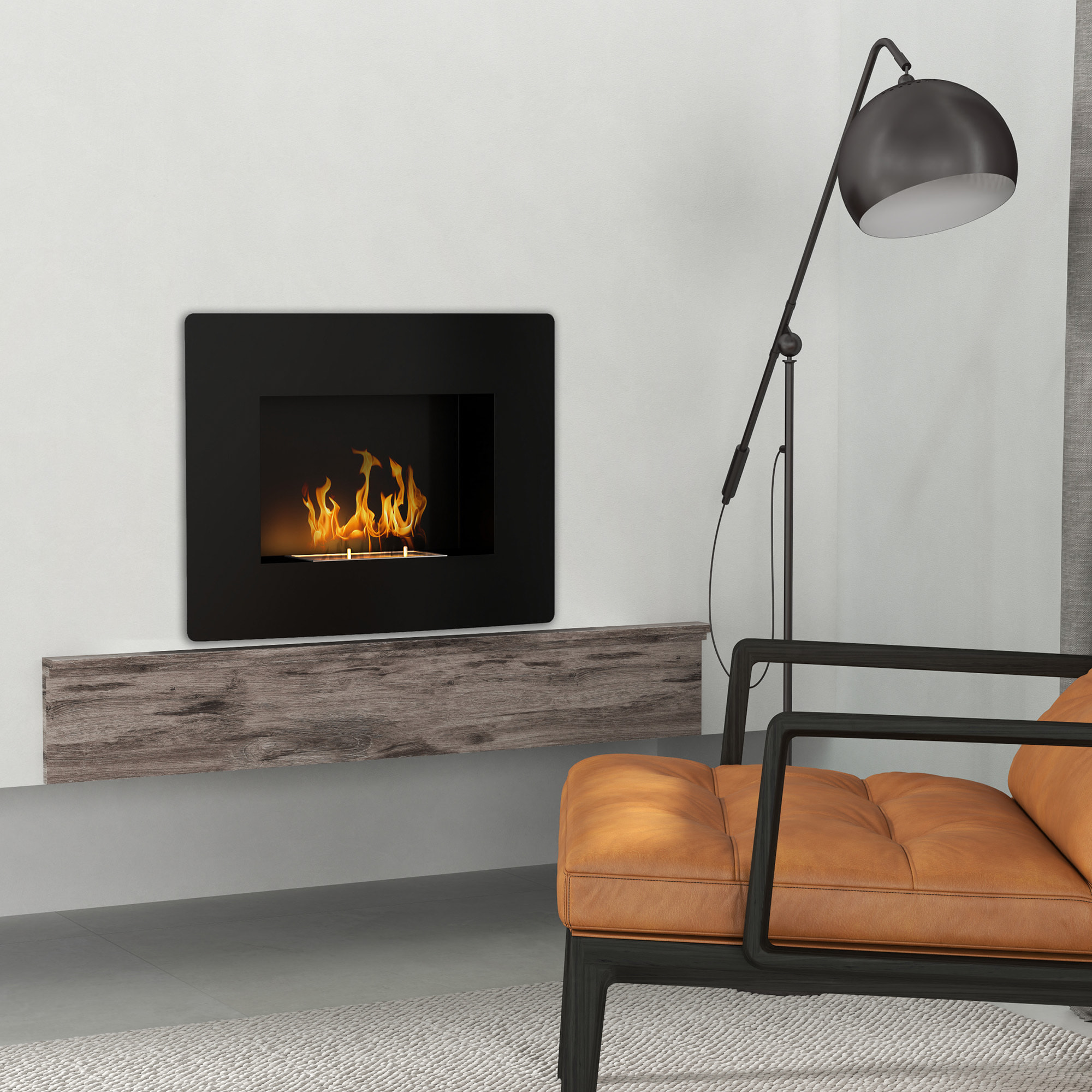 Chimenea de Bioetanol de Pared Estufa de Bioetanol Curva con Tanque de 0,9 L Apagallamas de Acero Inoxidable Tiempo de Combustión 3,3H para Interiores 15-20 m² 66x16x52 cm Negro
