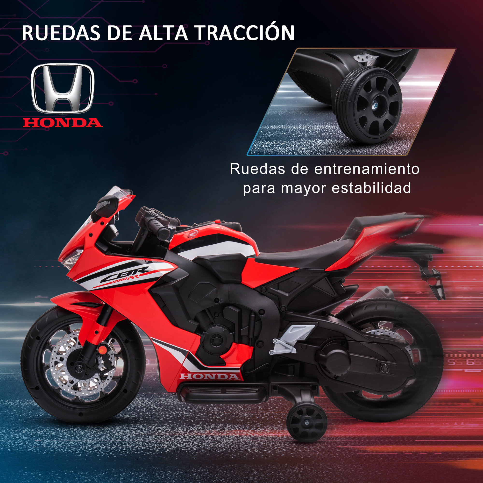 Moto Eléctrica con Licencia HONDA para Niños de 3-5 Años Moto a Batería 6V con Faro Bocina Música y Ruedas Auxiliares Extraíbles Carga 30 kg 90x44x52 cm Rojo