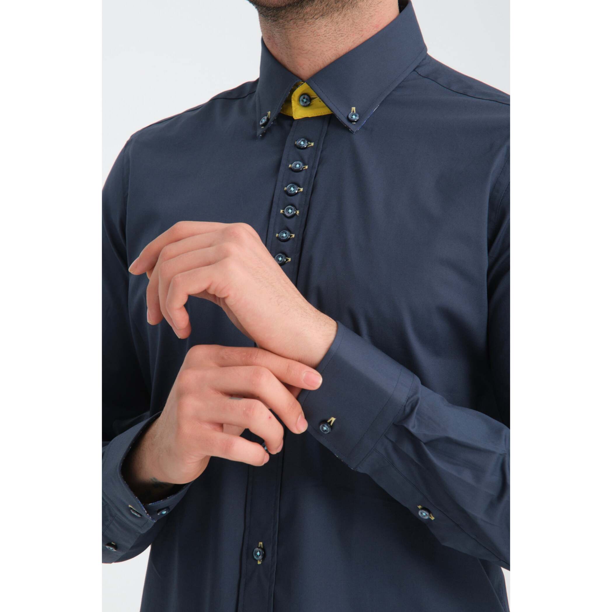Camicia Uomo 1 Bottoni Button Down Slim Popeline Stretch Unito Blu