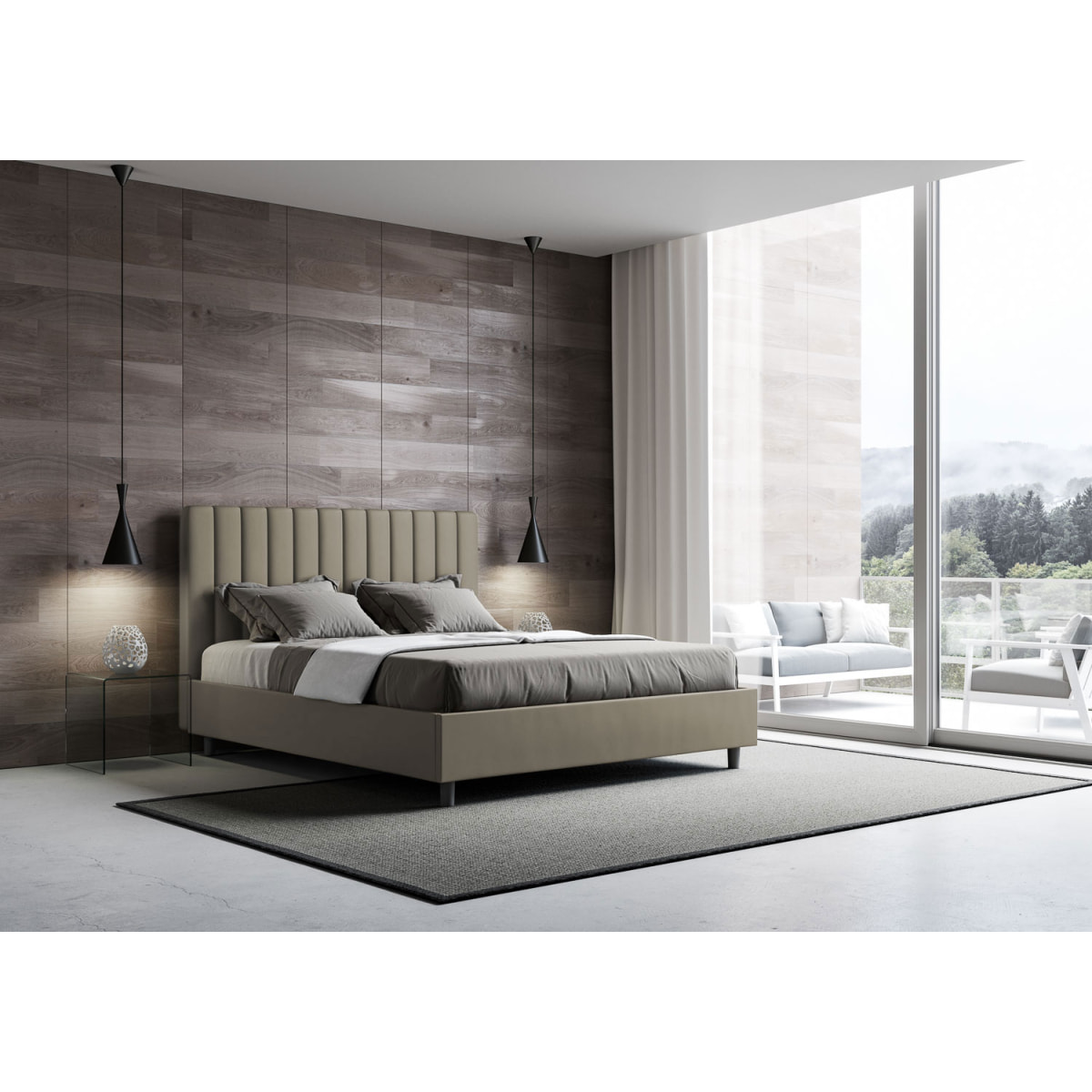 Cama con almacenaje acolchada 160x210 cuero sintético capuchino Agueda