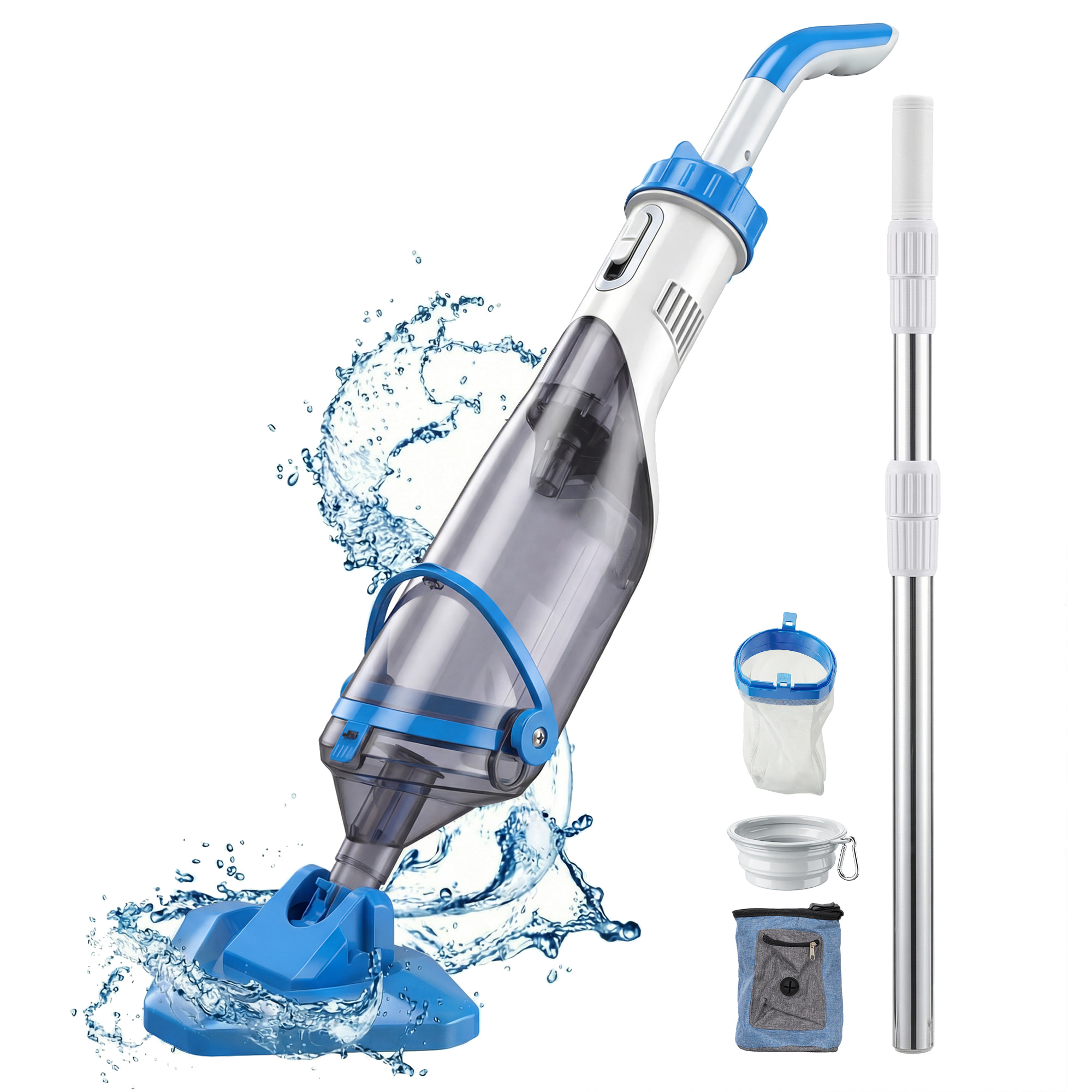 Limpiafondos de Piscina a Batería, Aspirador de Piscina Inalámbrica con Cepillo, Mango Telescópico 63-150 cm, Aspiradora Manual para Piscinas Pequeñas, Estanques, 60 Minutos Limpieza, Azul