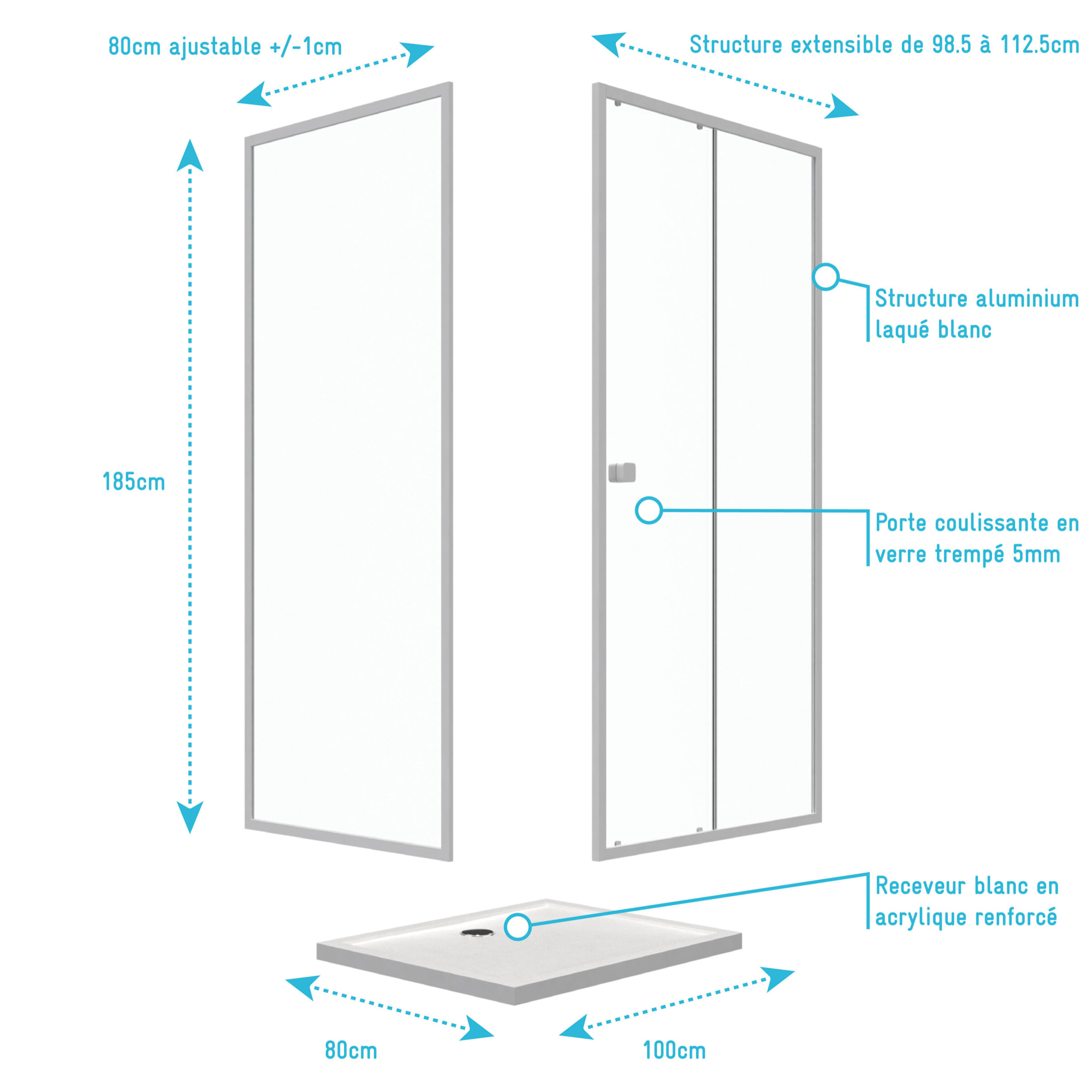 Pack porte de douche Coulissante blanc 100X185 cm + paroi de retour 80cm + receveur à poser - WHITY