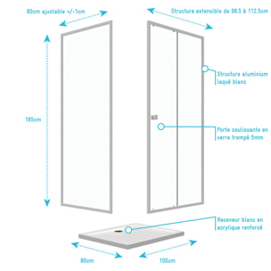 Pack porte de douche Coulissante blanc 100X185 cm + paroi de retour 80cm + receveur à poser - WHITY