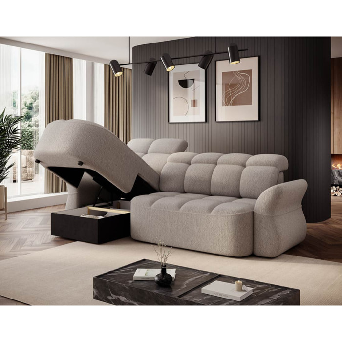 Brume - Canapé d'angle gauche 4 places convertible électrique avec coffre et têtières réglables en tissu bouclette - Beige