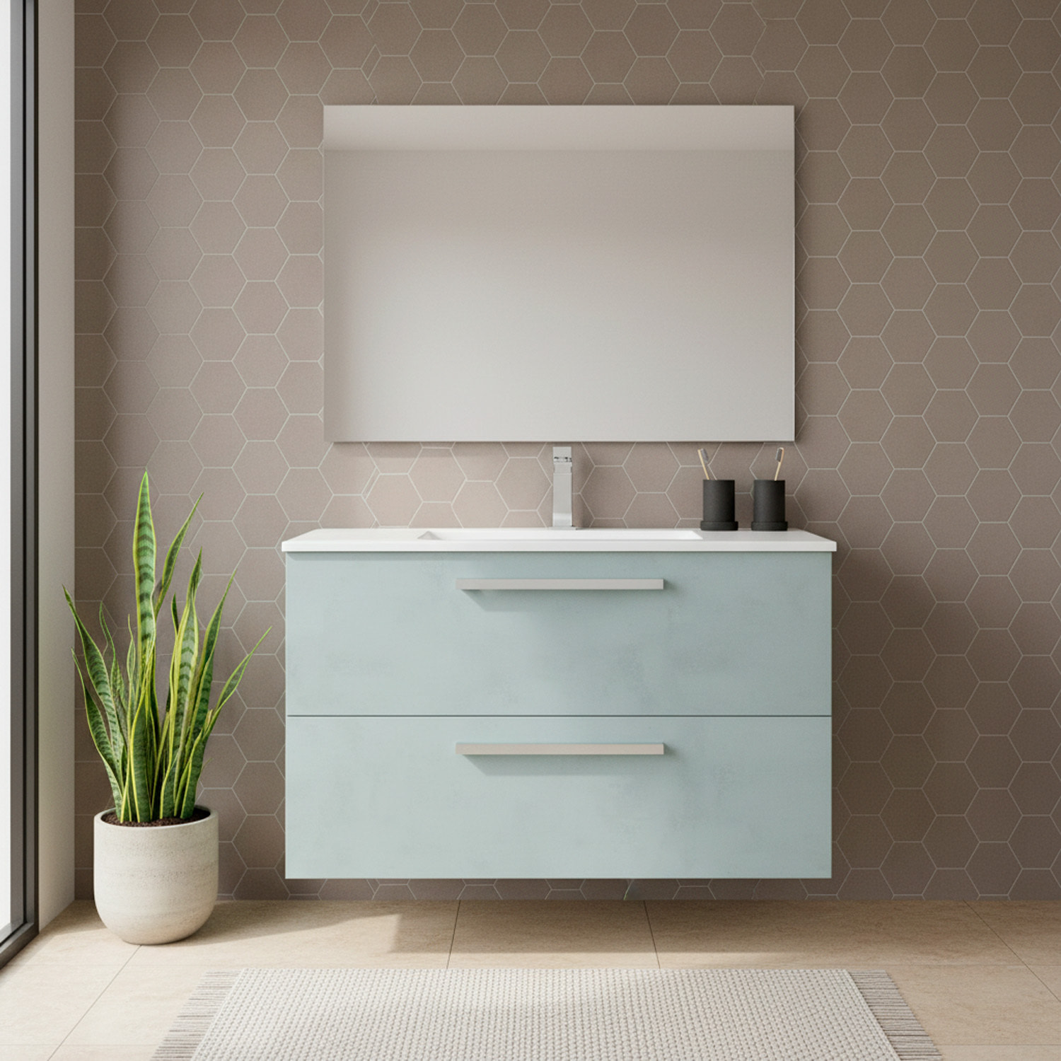Mobile Mobiletto Bagno Sospeso Con 2 Cassettoni Soft Close Con Lavandino Lavabo In Ceramica E Specchio 57 x 80 x 45 Cm Colore Cemento Laccato