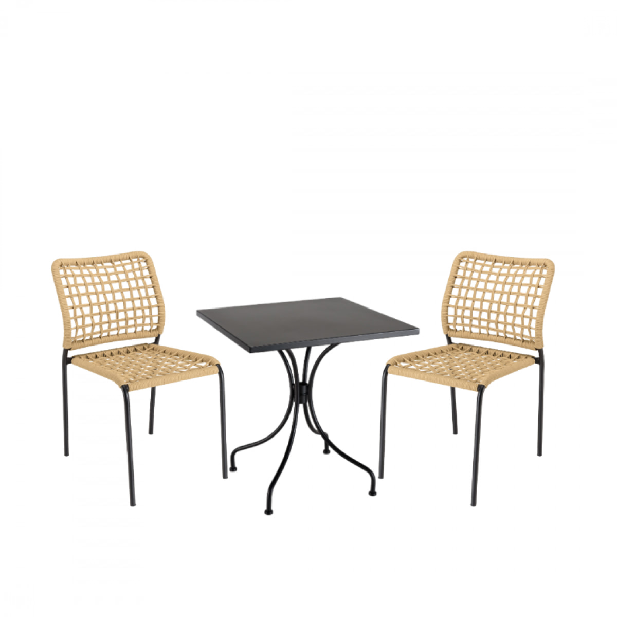 VIANNEY - Salon de jardin 2 personnes en acier noir - 1 table carrée 70x70cm et 2 chaises en cordage tressé beige