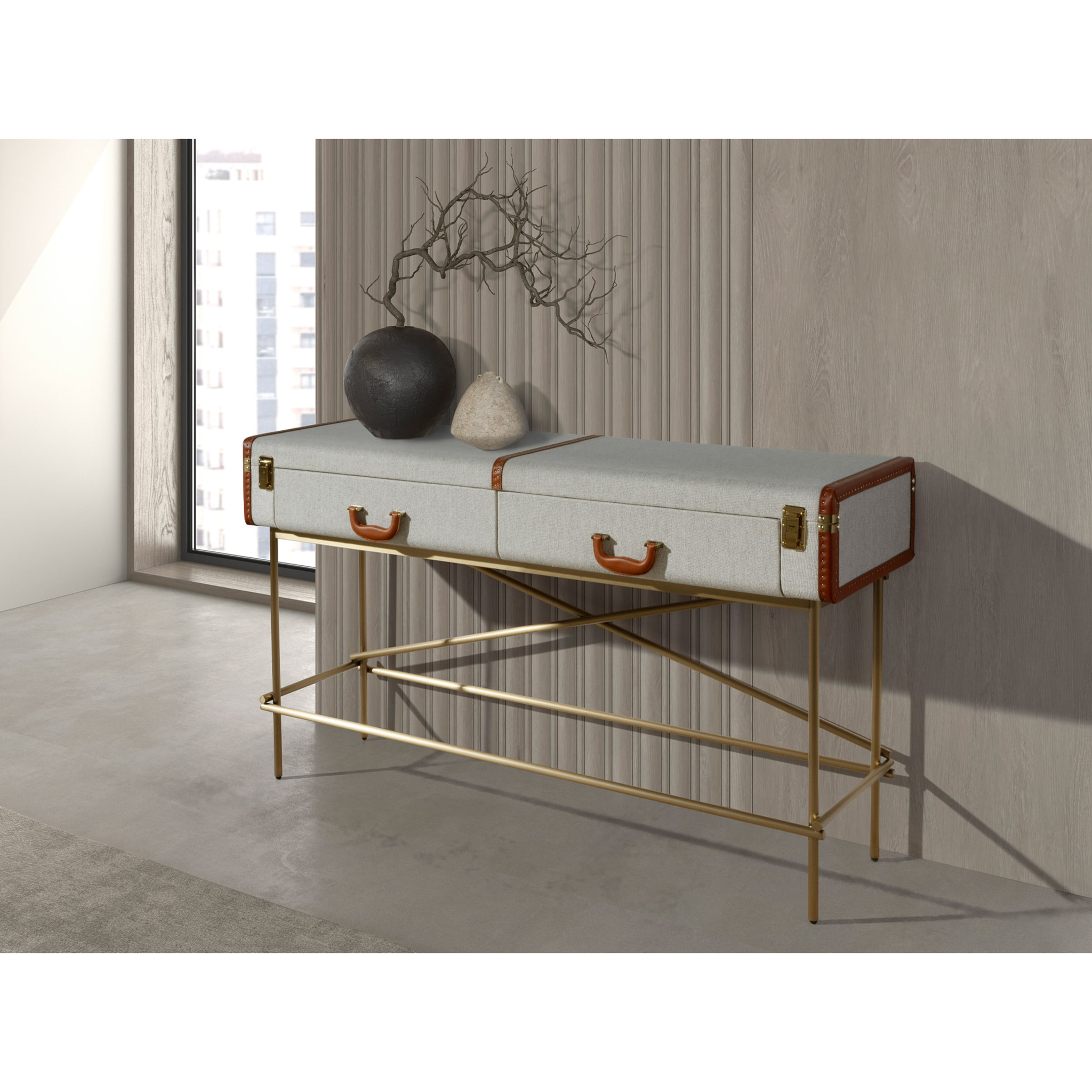 Consola rectangula en madera chapada en nogal natural con un elegante tapizado en tela gris claro 141x45x81cm