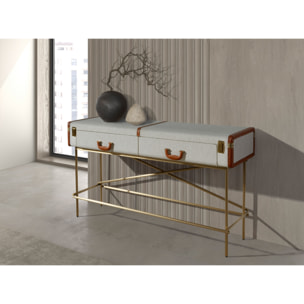 Consola rectangula en madera chapada en nogal natural con un elegante tapizado en tela gris claro 141x45x81cm