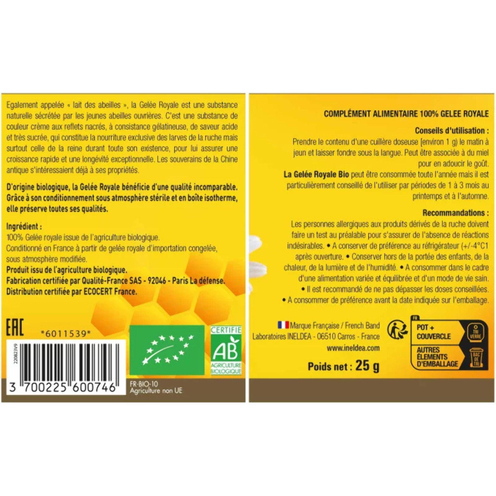 NUTRI EXPERT - Gelée Royale Bio Ecocert - 100% pure - Conditionnée en boîte isotherme sous atmosphère stérile - Renforce l'immunité - Réduit la fatigue - Lot de 2 produits