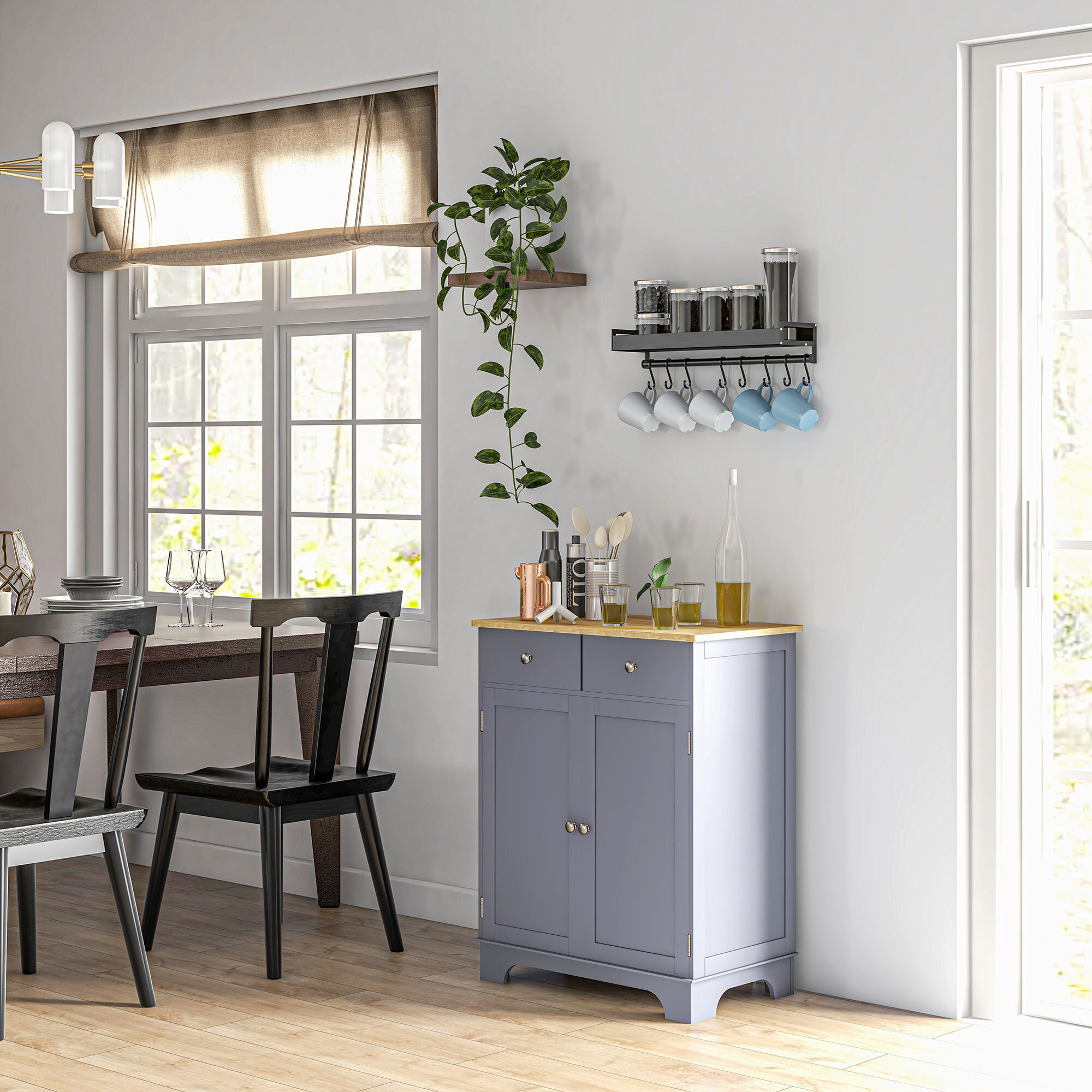 Buffet multi-rangement 2 portes avec étagère réglable 2 tiroirs coulissants bois d'hévéa MDF gris