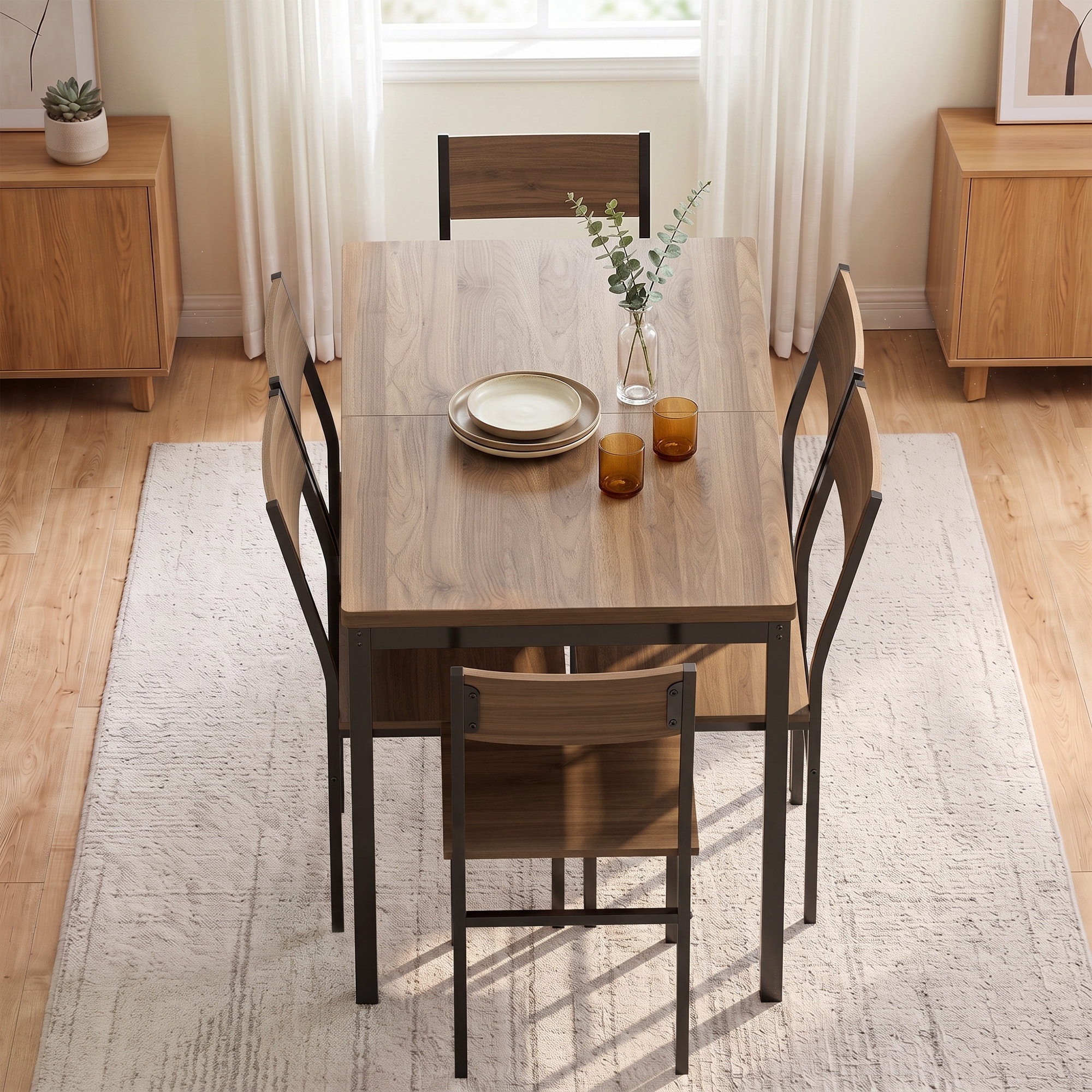 HOMCOM Conjunto de Mesa y 6 Sillas de Comedor de 7 Piezas, Mesa de Cocina Extensible 120-160 cm con 6 Sillas Apilables, Ahorro de Espacio, para 4-6 Personas, Marco Metálico, Marrón Efecto Madera
