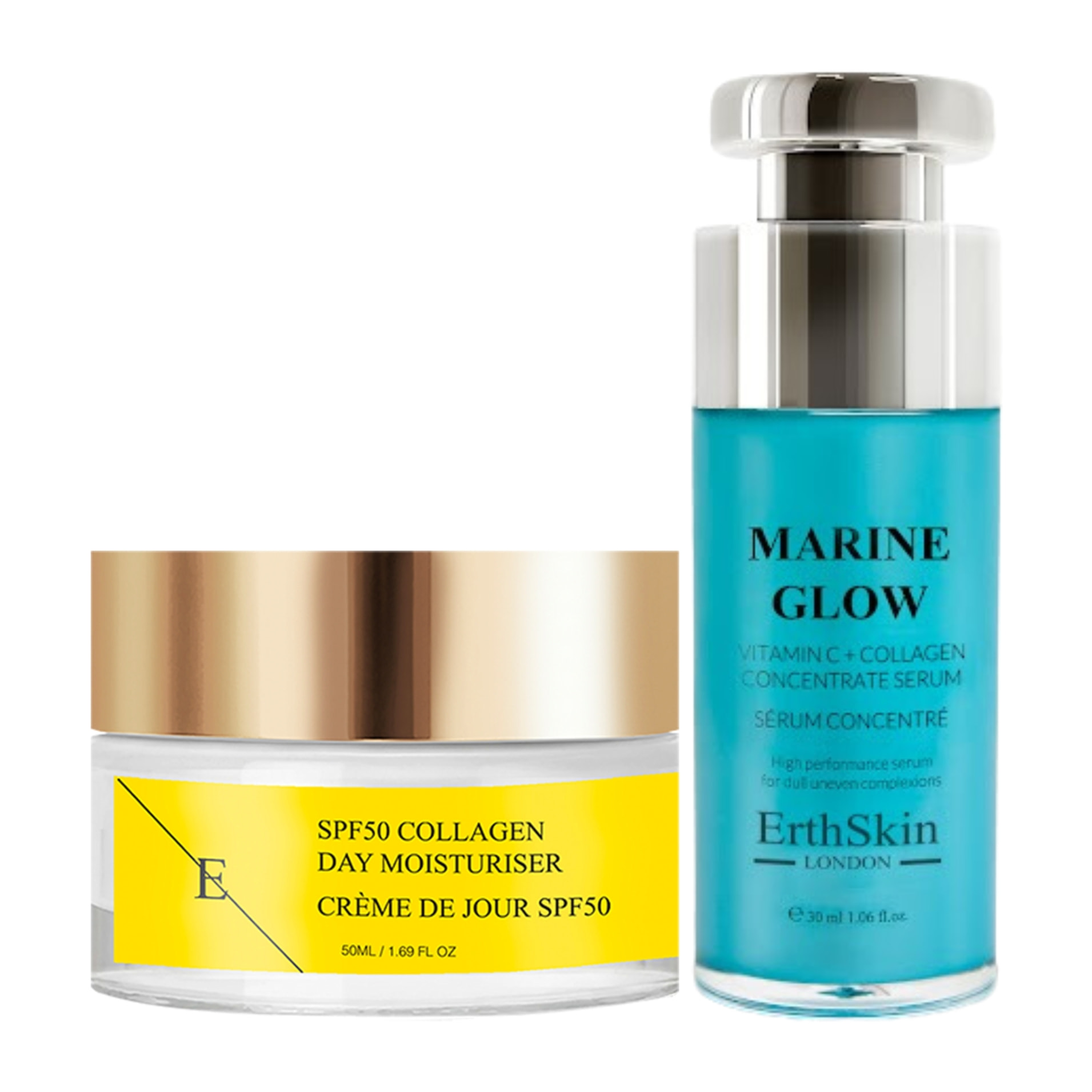 Suero concentrado de colágeno y vitamina C Marine Glow de 30 ml + crema de día con colágeno FPS 50 de 50 ml