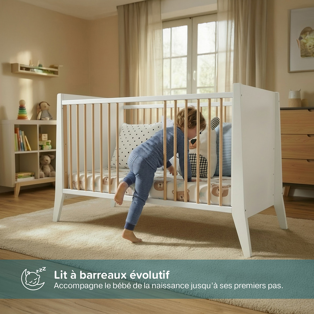 Lit Evolutif Timéo à barreaux 60 x 120 cm, Couleur Blanc & Bois, En Bois, 3 Hauteurs, Barreaux amovibles