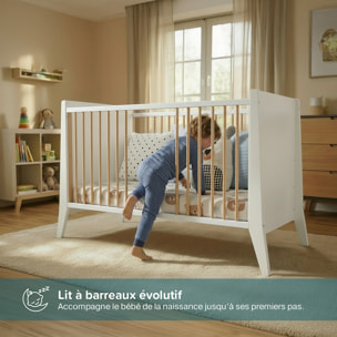 Lit Evolutif Timéo à barreaux 60 x 120 cm, Couleur Blanc & Bois, En Bois, 3 Hauteurs, Barreaux amovibles